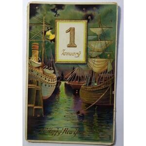 New Years Postcard Ships Boats Harbor Moon Stars 1237 Gel Germany Otto Schloss